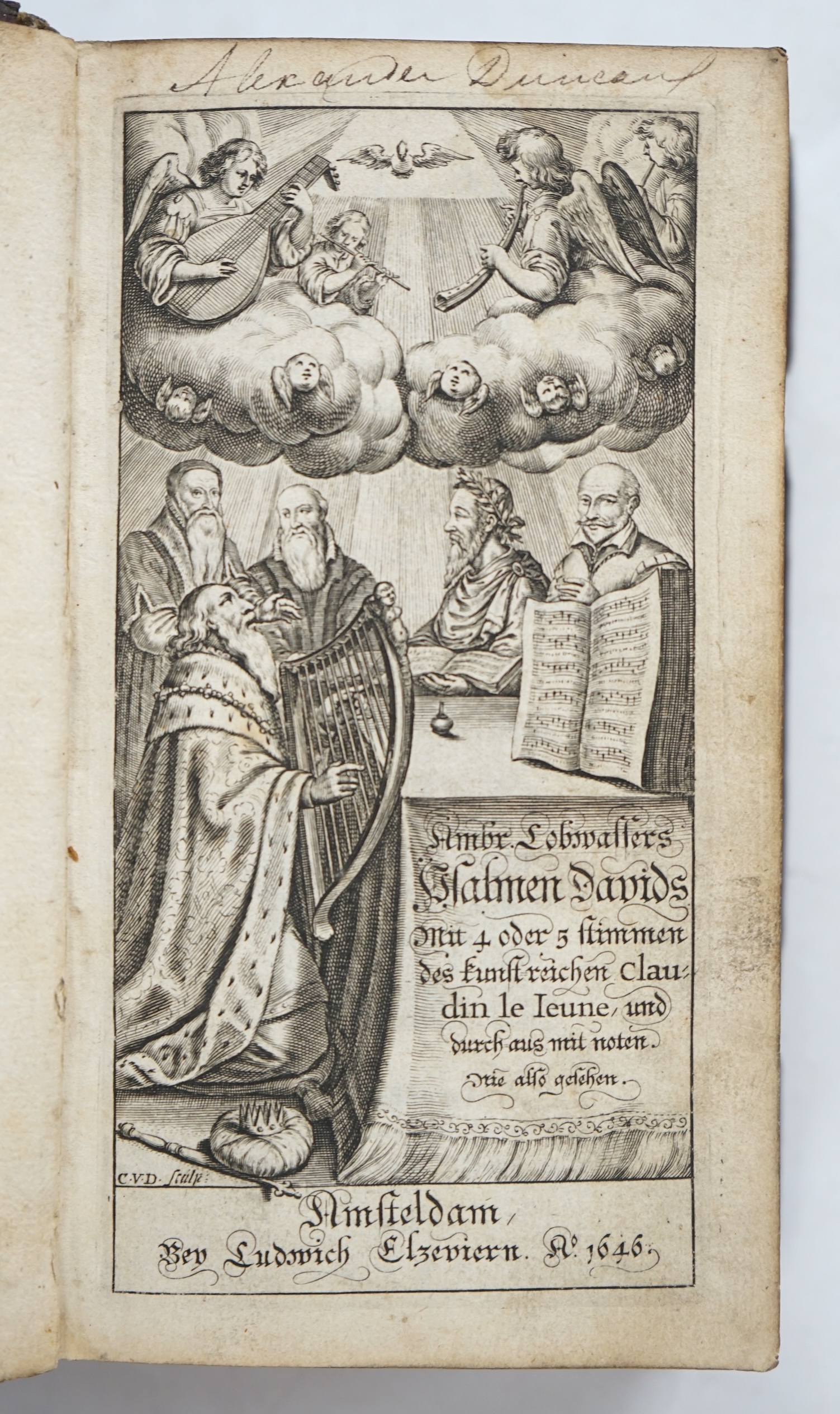 Psalmen Davids, mit vier (bisweilen funf) anmutigen ... (edited by Ambrose Lobwassers & Claude le Jeune ... with) Geistlichen Lierden Katechismo ... engraved pictorial and printed titles